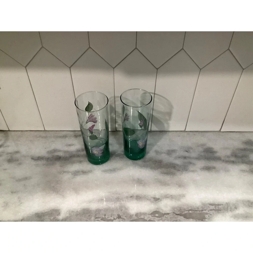 Vintage Fenton Signed 2 Hand Painted Green‎ Floral Highball Tumblers Glasses